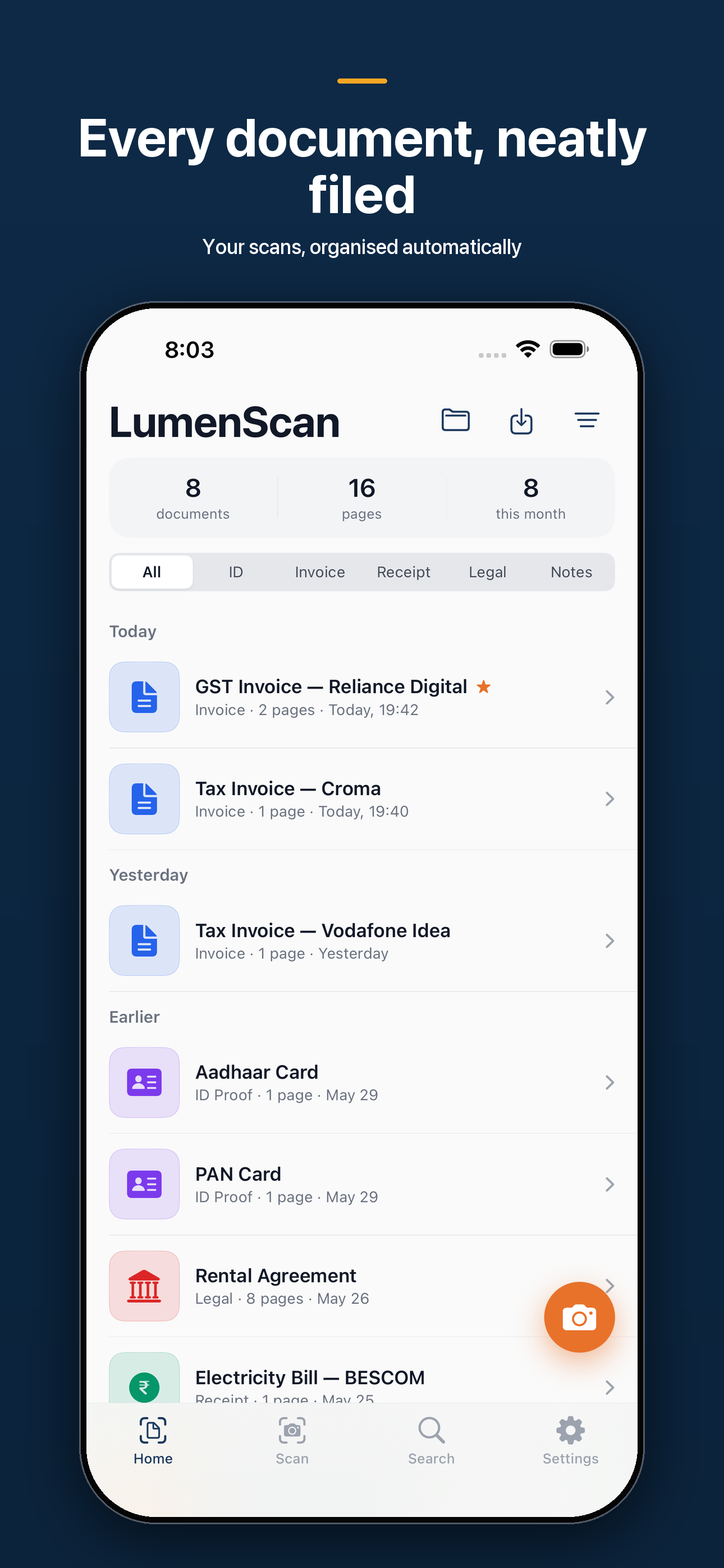 LumenScan library with GST invoices, Aadhaar, PAN, and receipts filed automatically