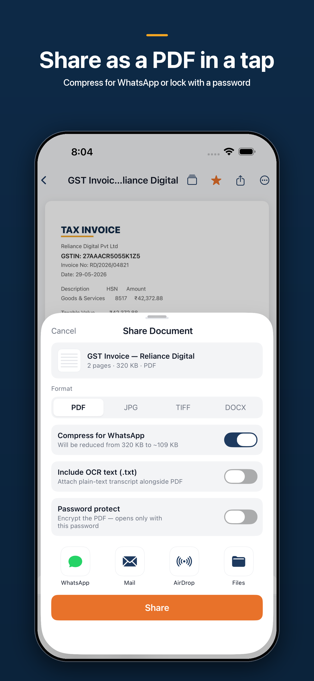 Share a scan as PDF, image, or Word — only when you choose
